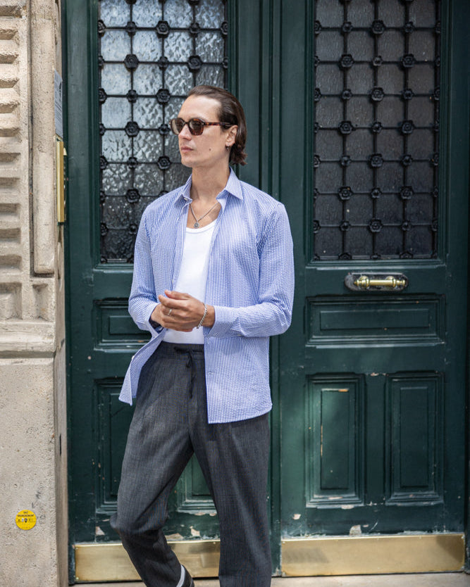 Chemise seersucker rayures bleu clair col français