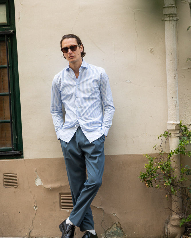 Chemise homme rayures bleu claire très haut de gamme