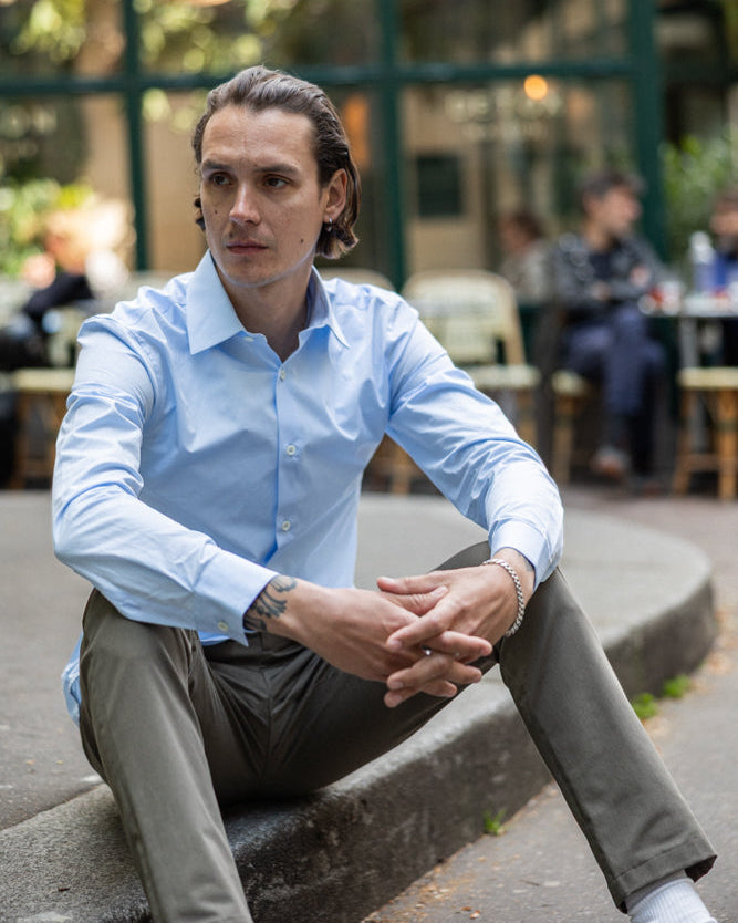 Chemise popeline bleu clair col français