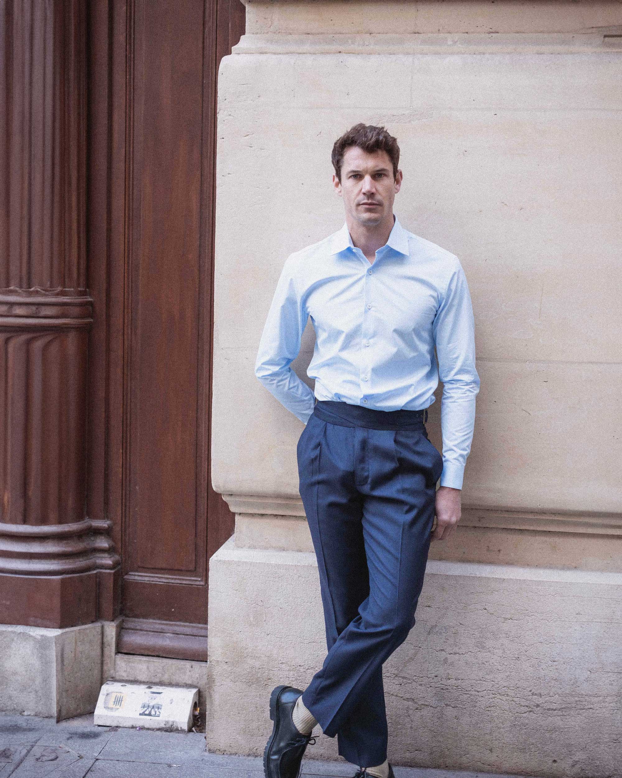 Chemise popeline bleu clair col français