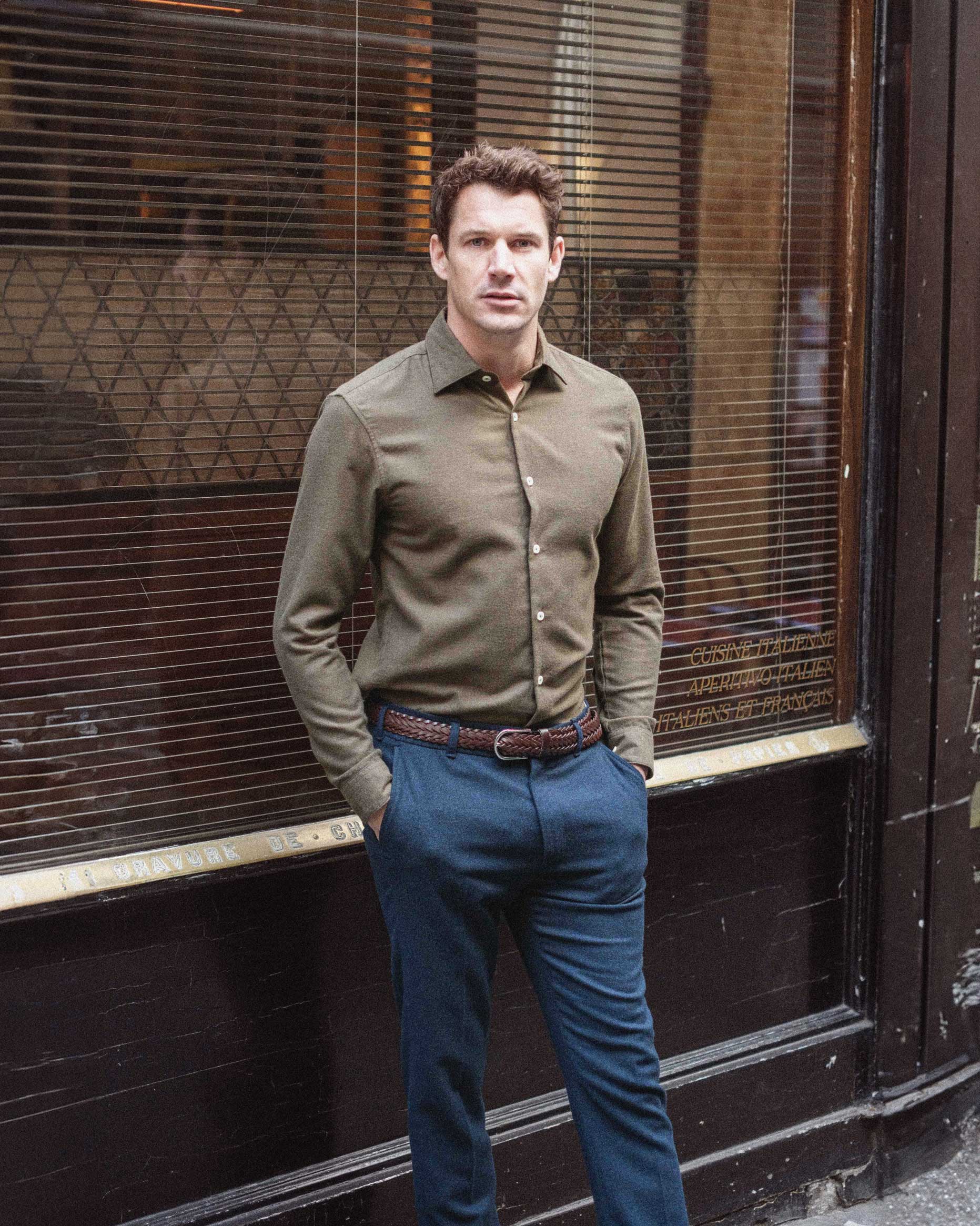 Chemise en flanelle Kaki Col Français