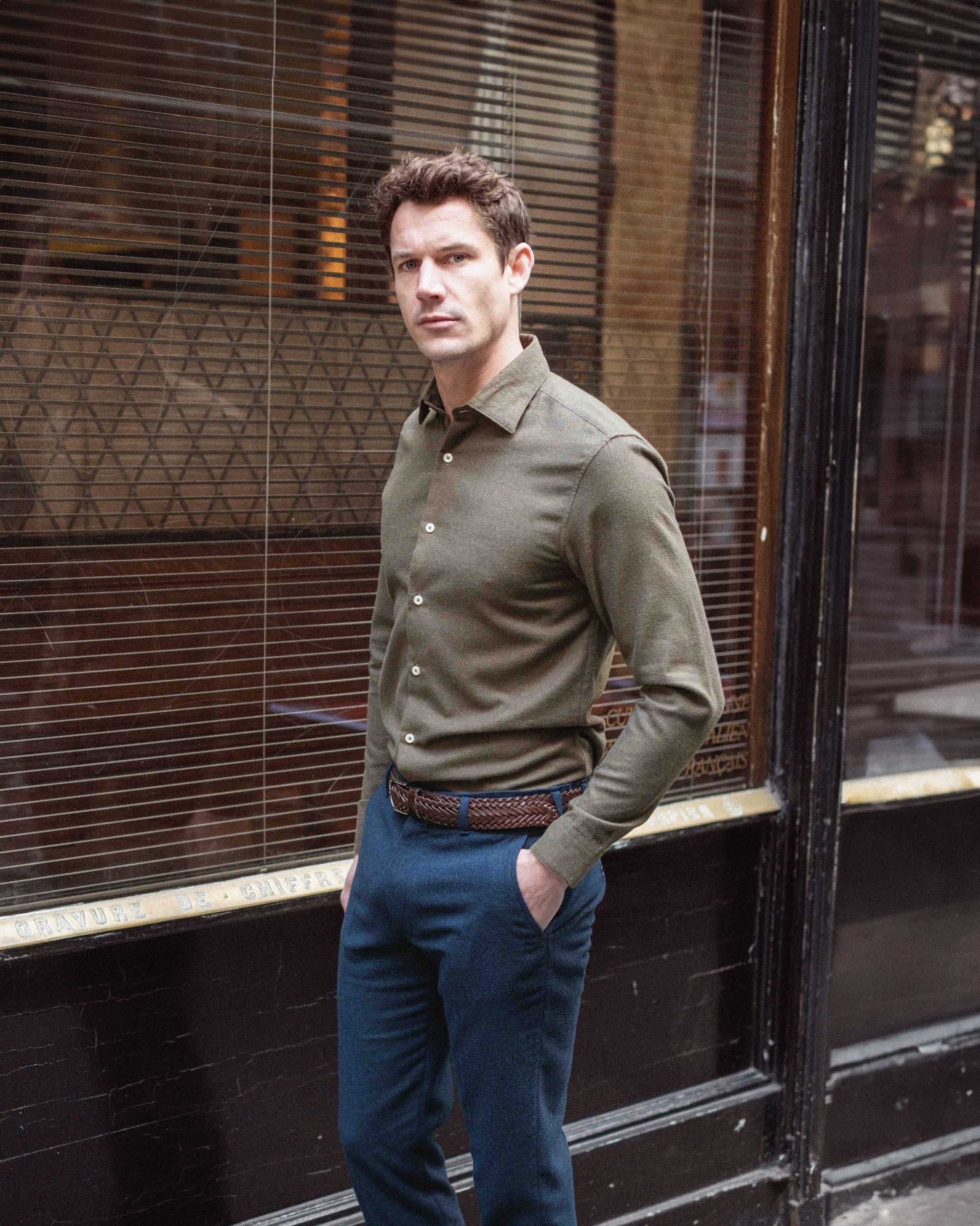 Chemise en flanelle Kaki Col Français