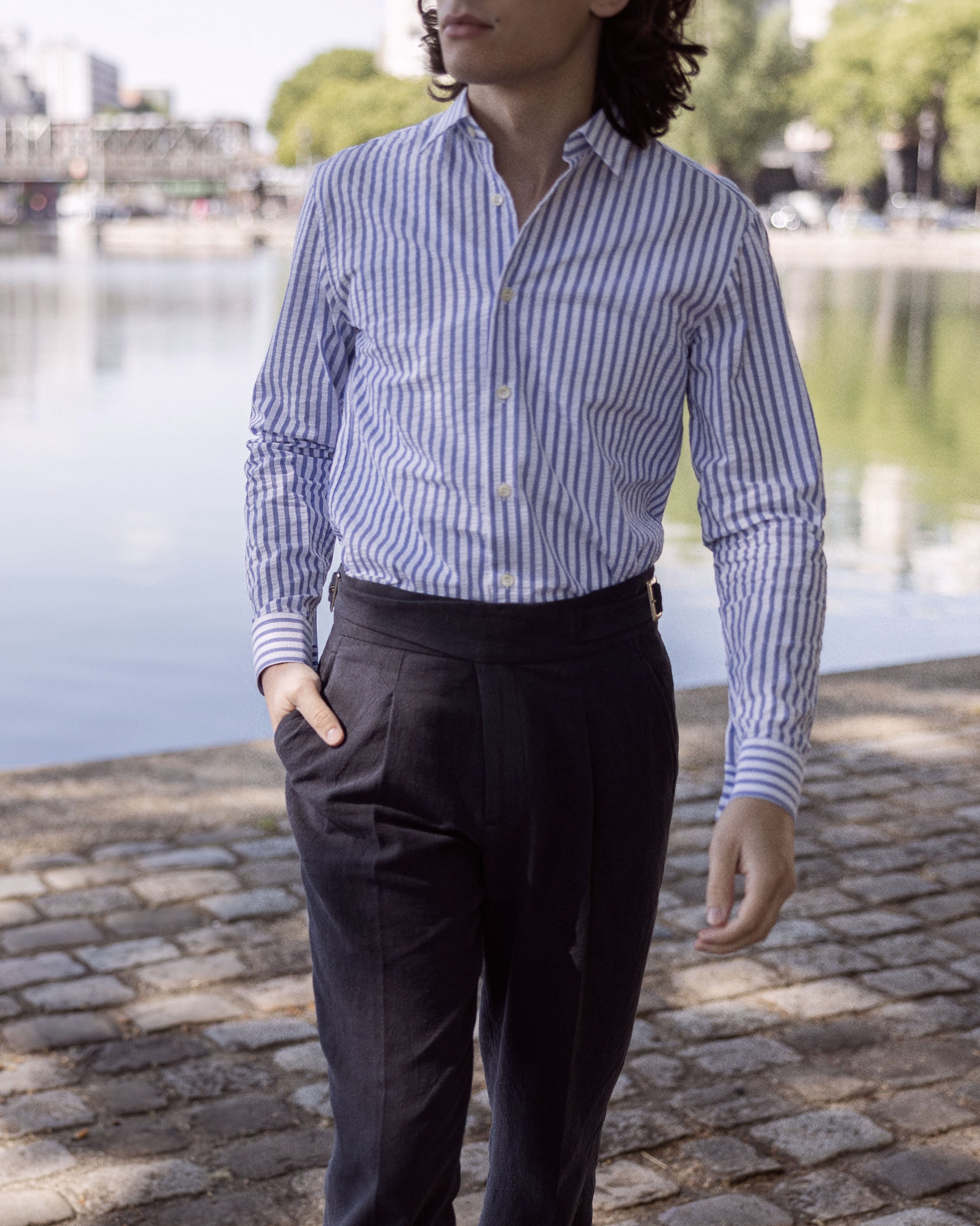 Chemise seersucker contrasté en Coton Col français