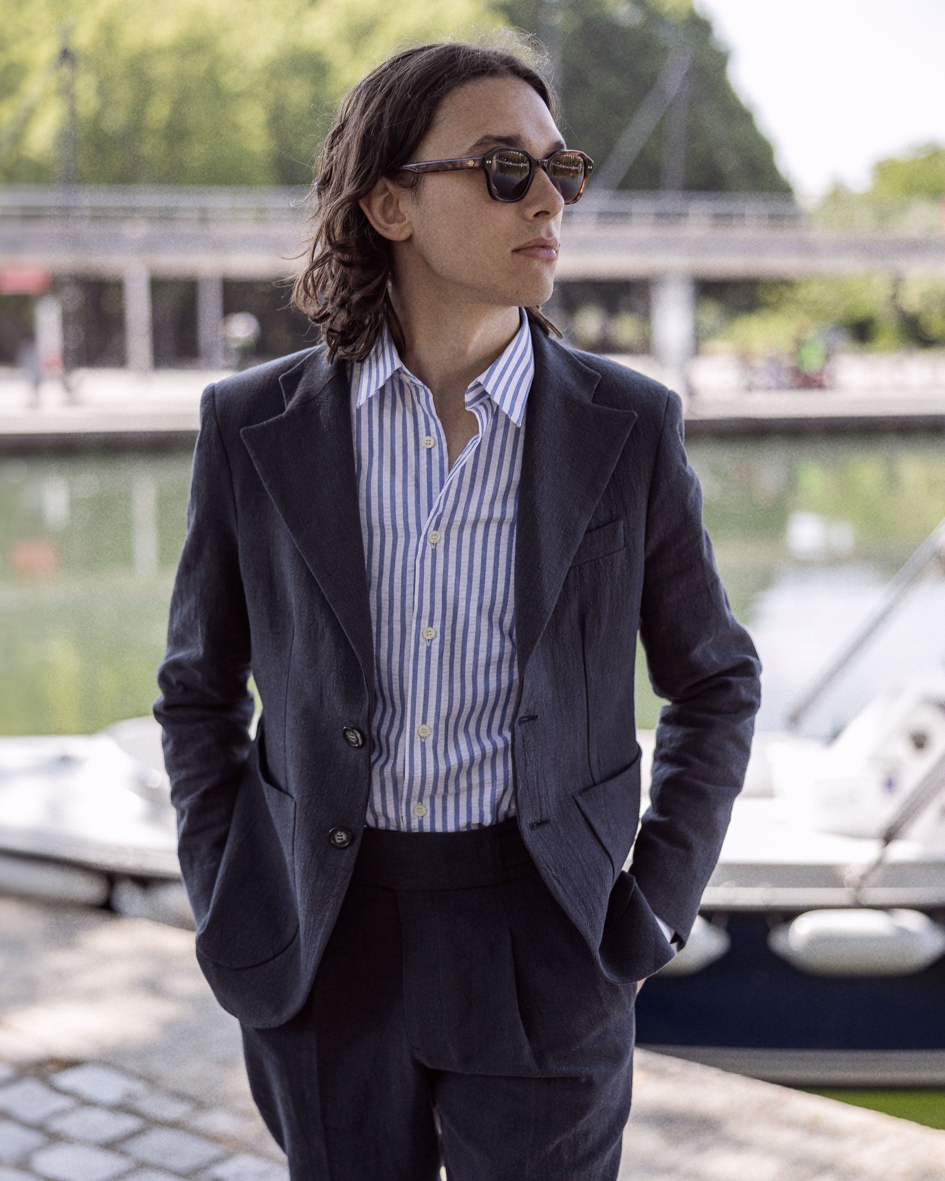 Chemise seersucker contrasté en Coton Col français