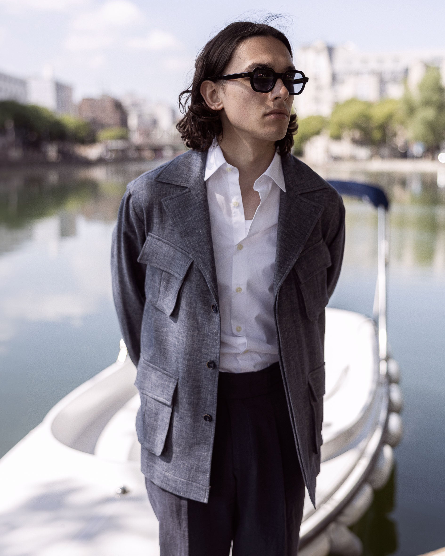 Veste saharienne en twill denim gris clair