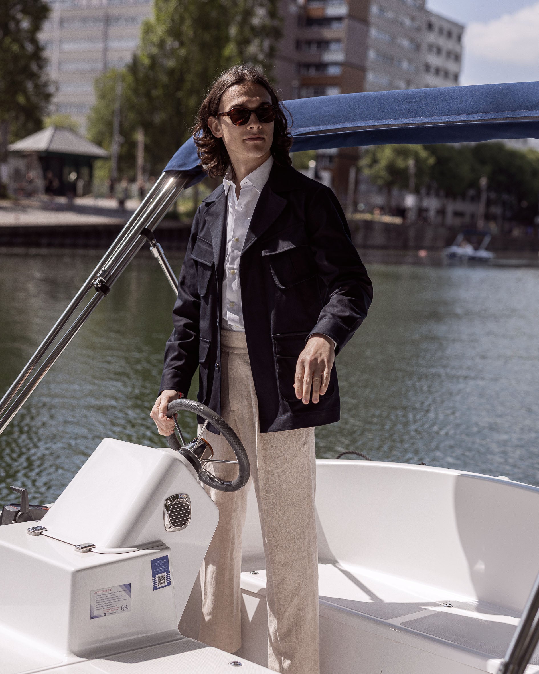 Veste saharienne en twill de coton bleu marine