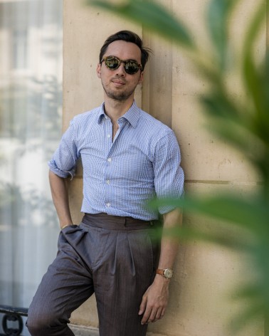 chemise homme de luxe haut de gamme : Chemise seersucker rayures bleu clair col français