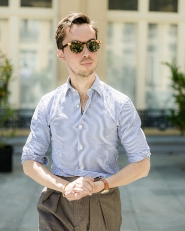 chemise homme de luxe haut de gamme : Chemise seersucker rayures bleu clair col français