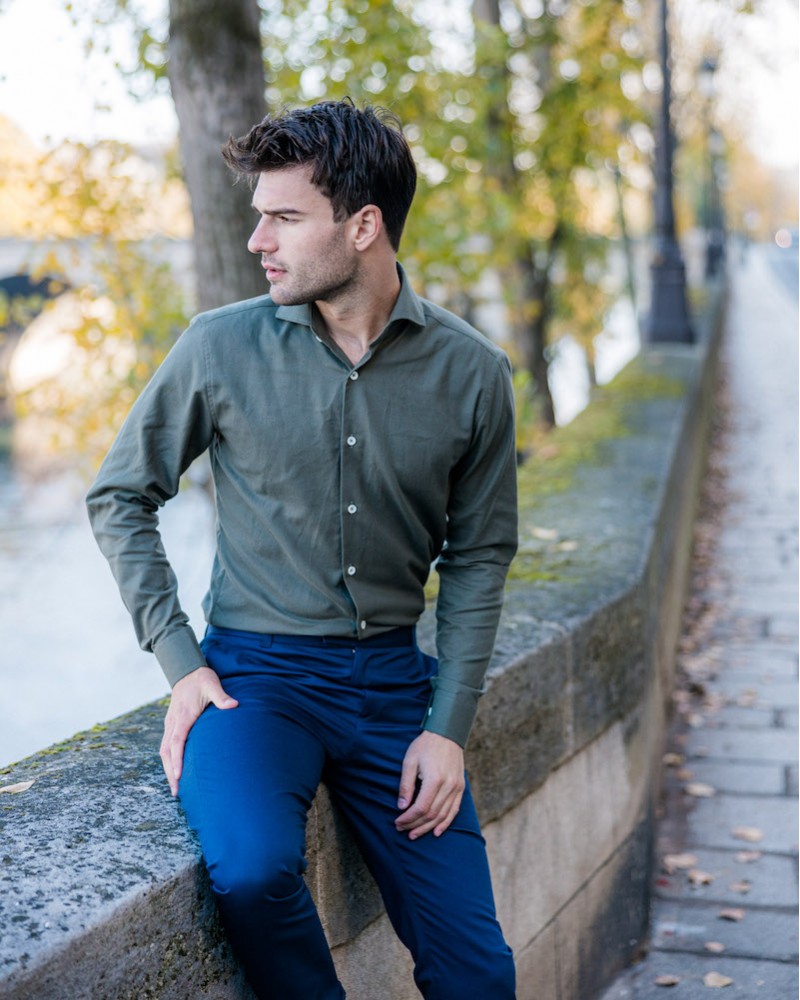 chemise homme de luxe haut de gamme : Chemise homme flanelle khaki col cutaway