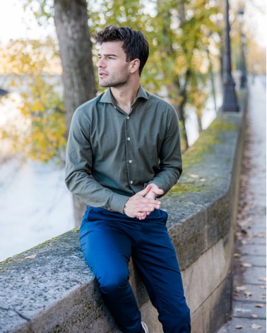 chemise homme de luxe haut de gamme : Chemise homme flanelle khaki col cutaway