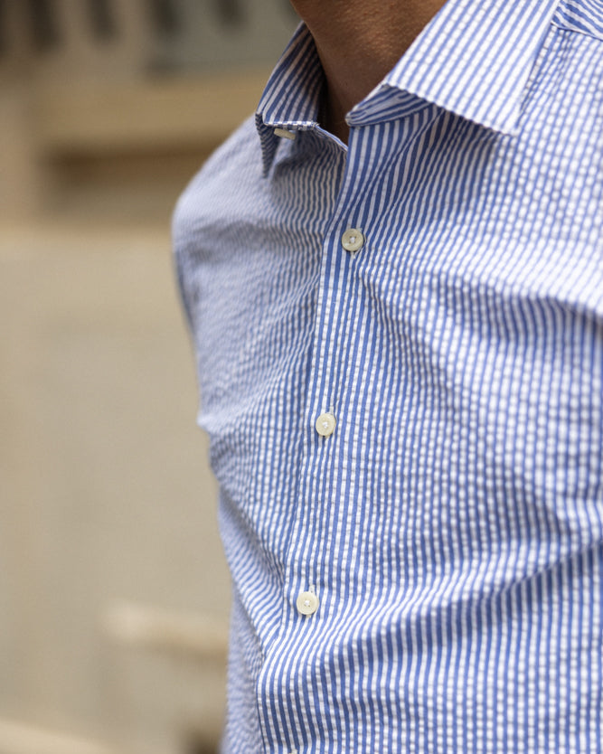 Chemise seersucker rayures bleu clair col français