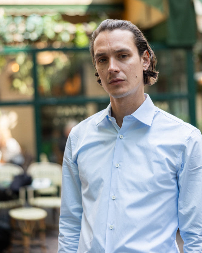 Chemise popeline bleu clair col français