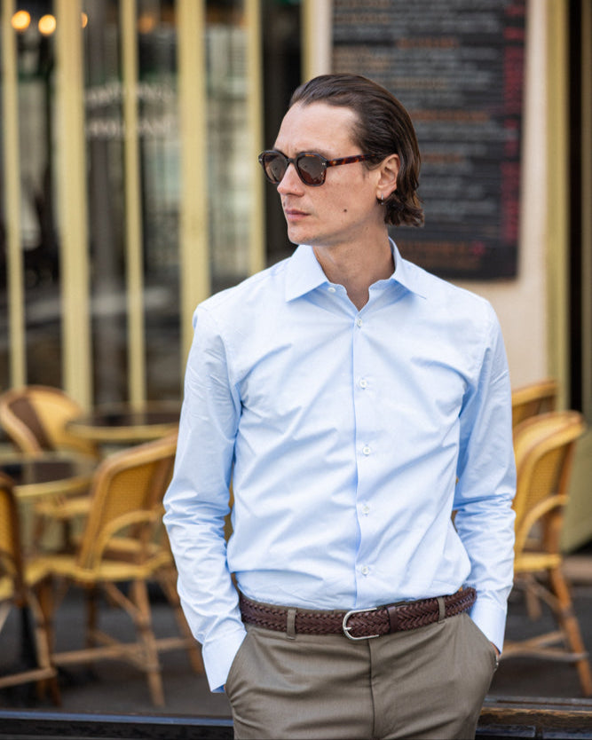 Chemise popeline bleu clair col français