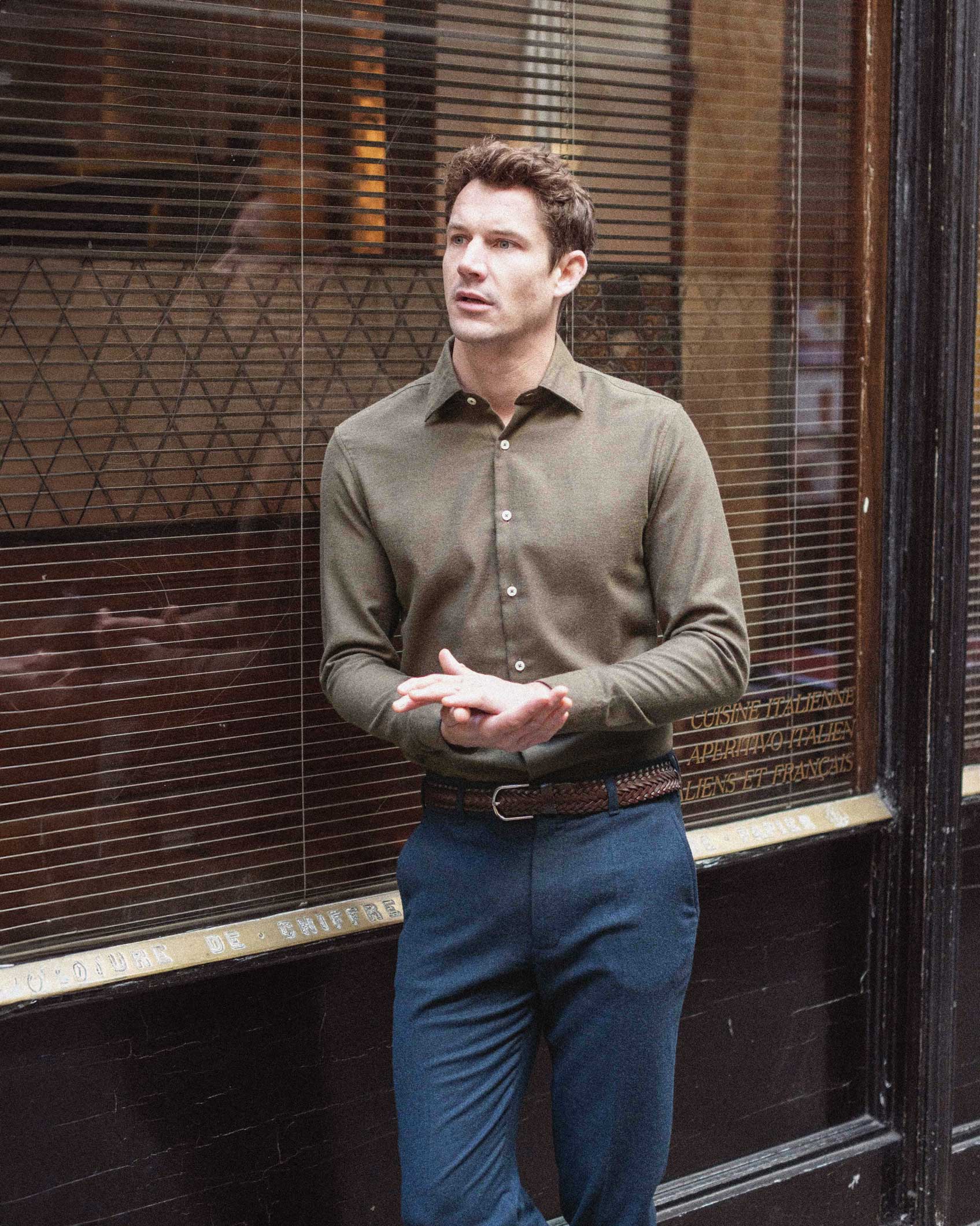 Chemise en flanelle Kaki Col Français