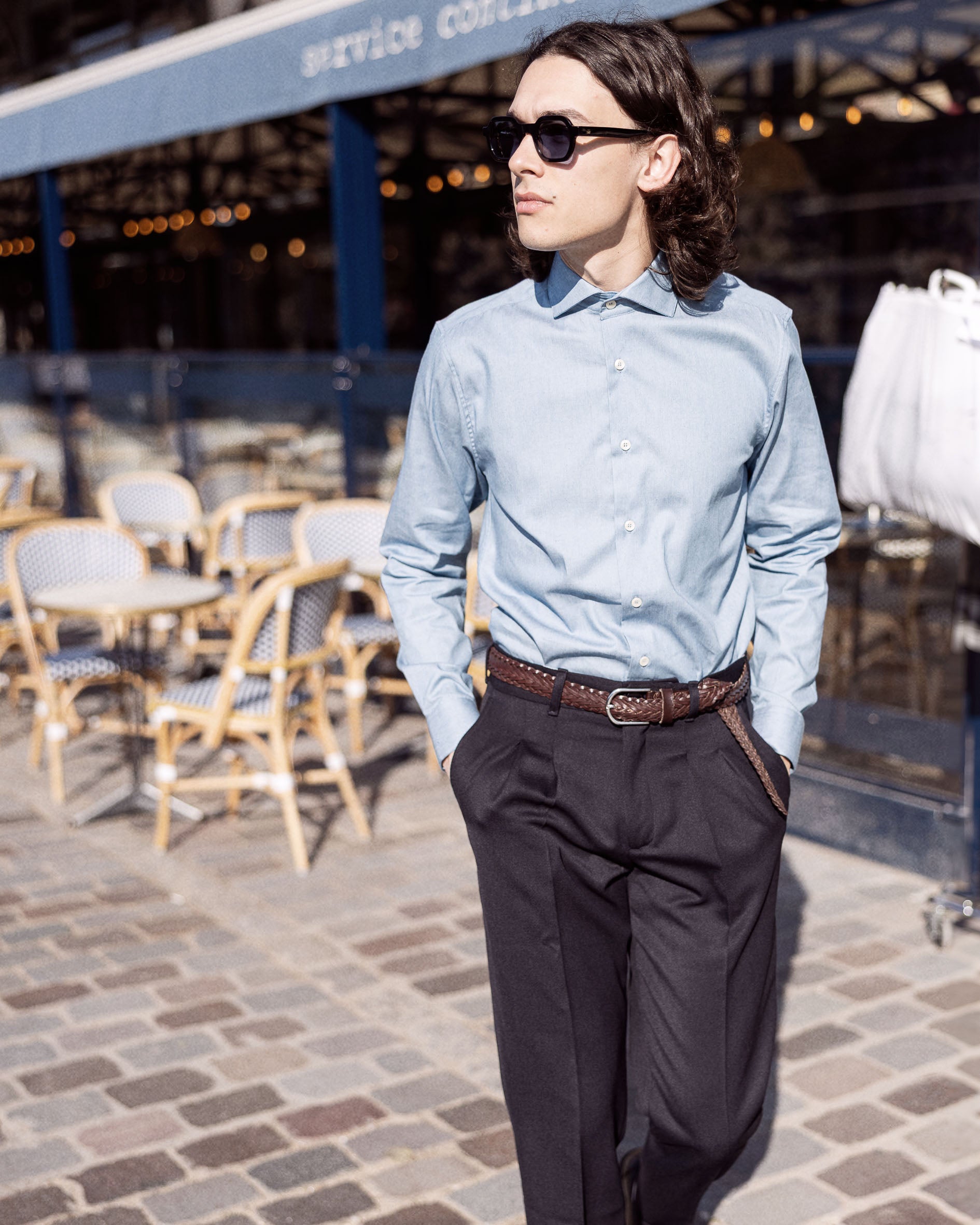 Chemise en Twill de Coton Denim Col Cut Away