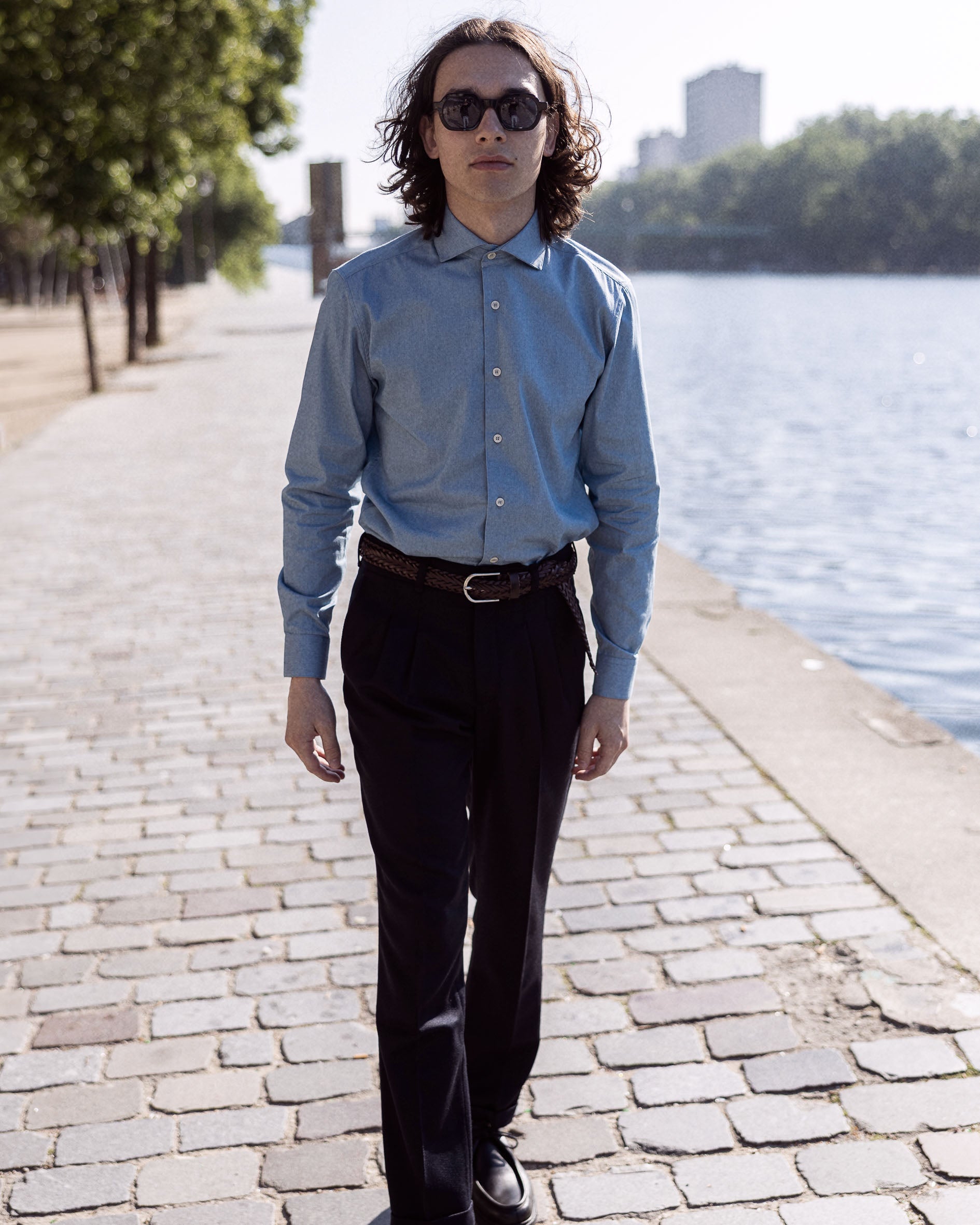 Chemise en Twill de Coton Denim Col Cut Away