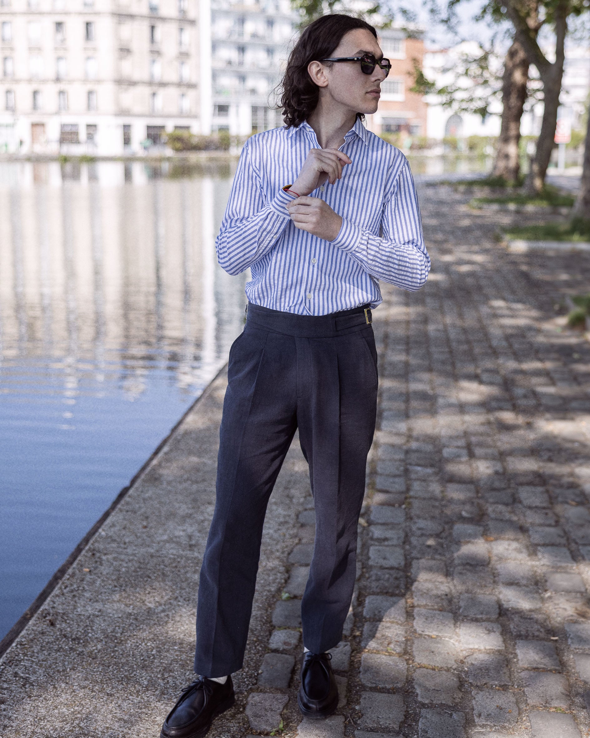 Chemise seersucker contrasté en Coton Col français