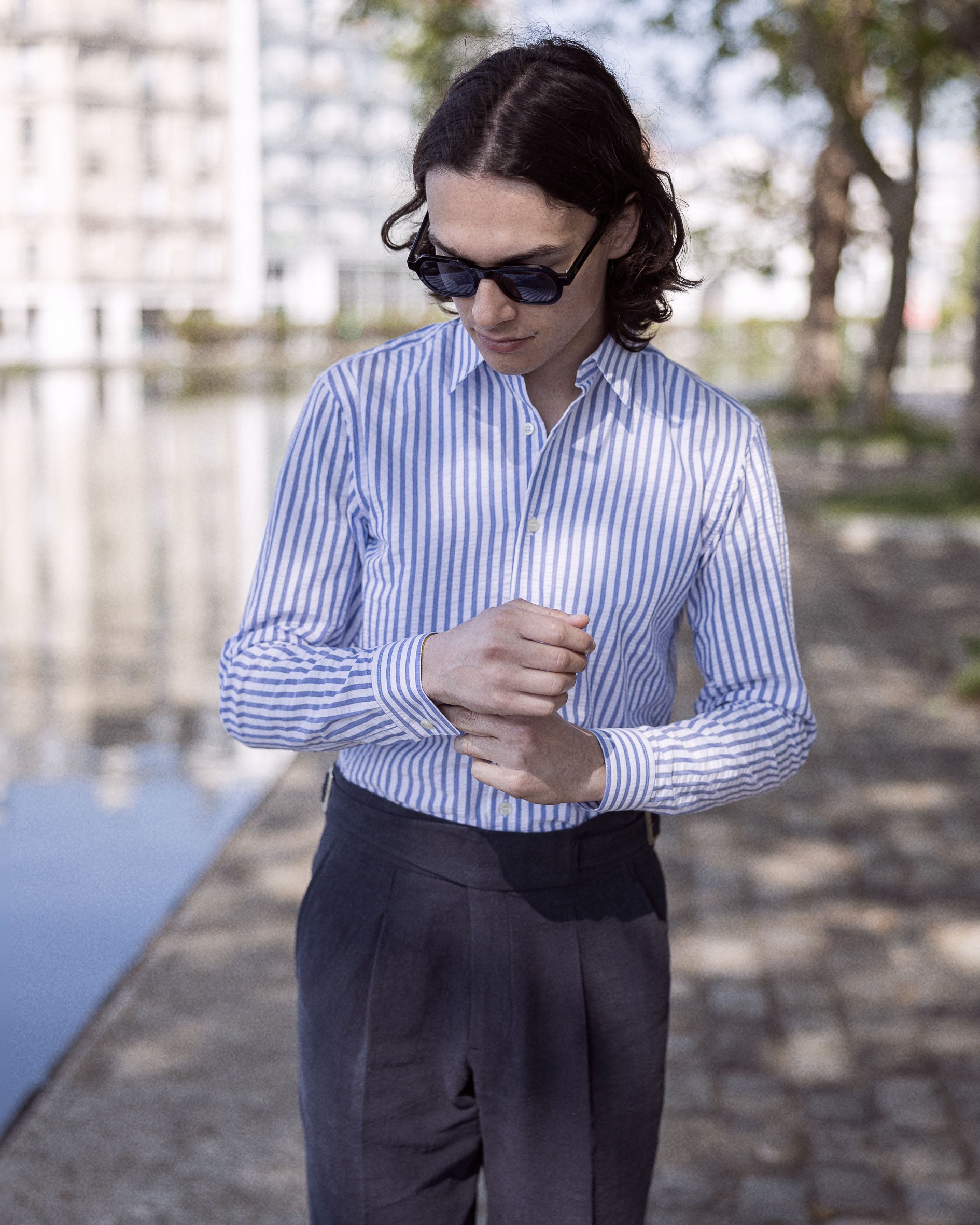 Chemise seersucker contrasté en Coton Col français