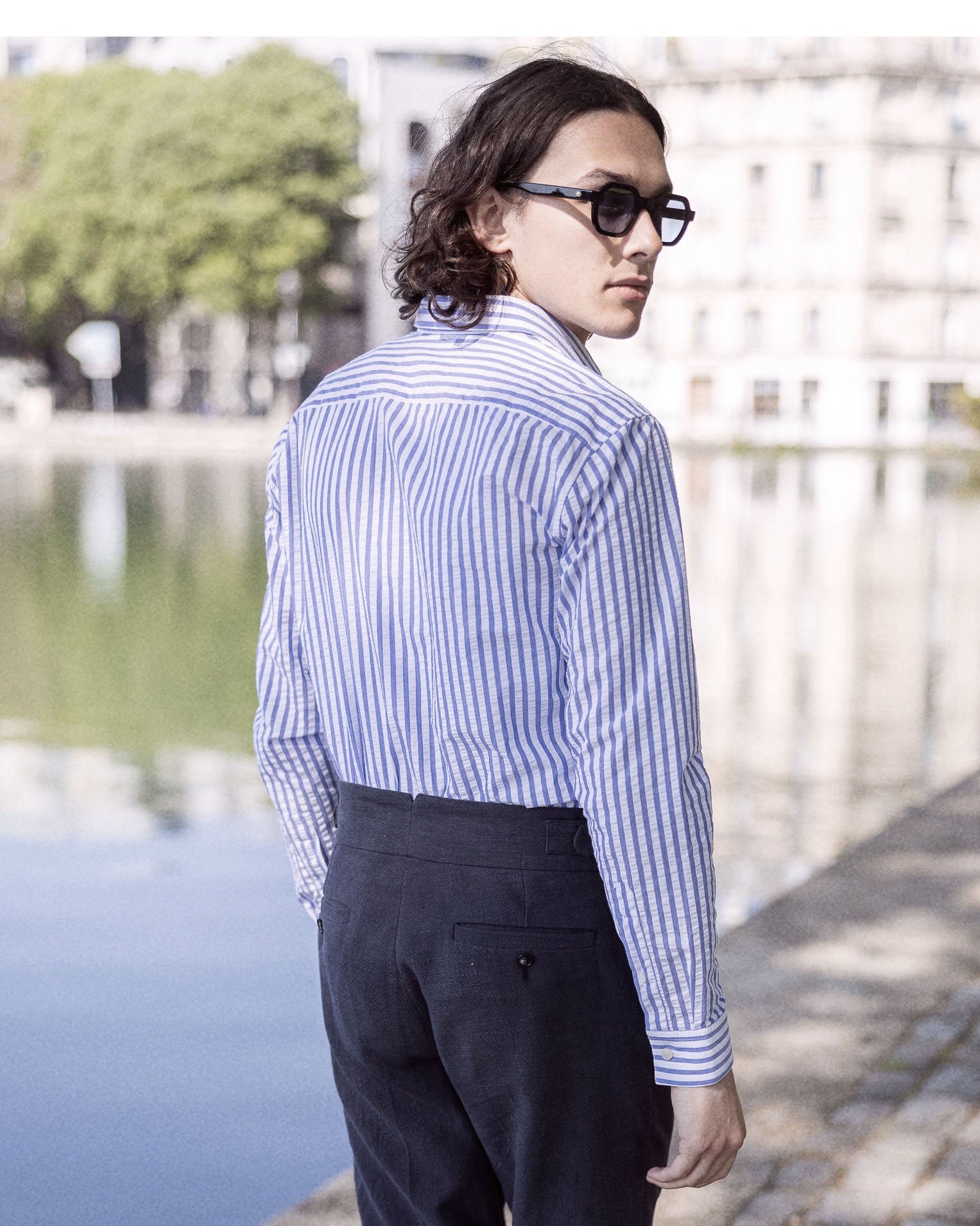 Chemise seersucker contrasté en Coton Col français