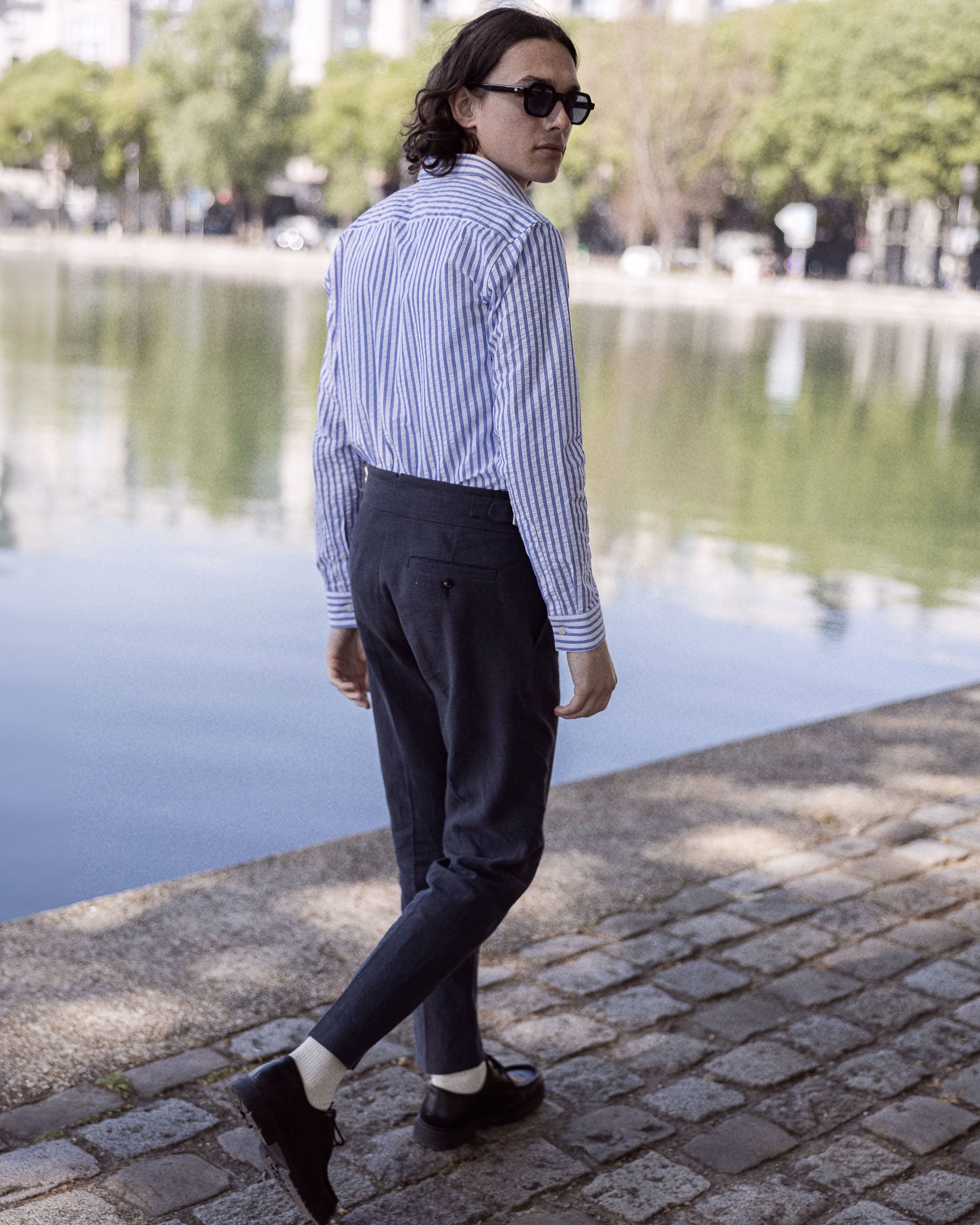 Chemise seersucker contrasté en Coton Col français