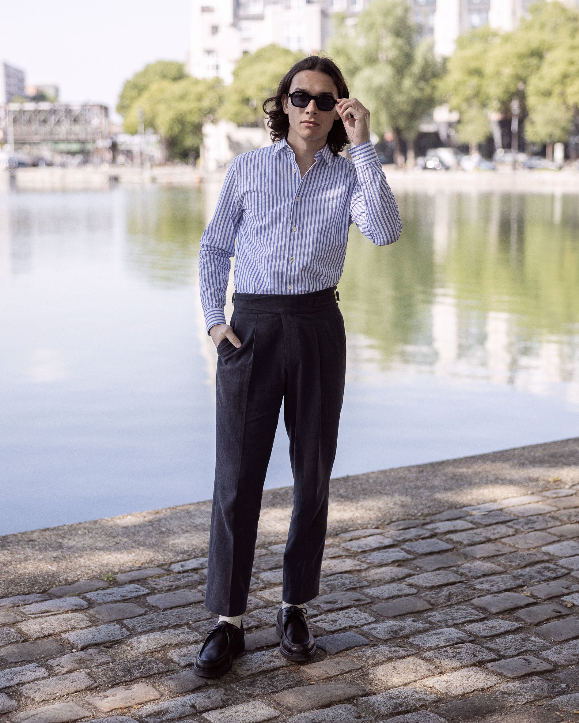 Chemise seersucker contrasté en Coton Col français