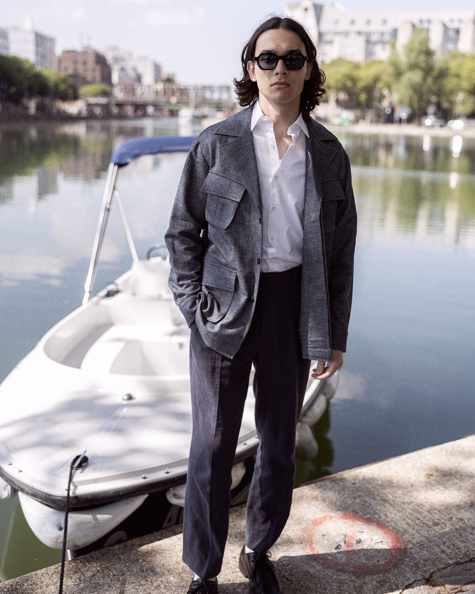 Veste saharienne en twill denim gris clair