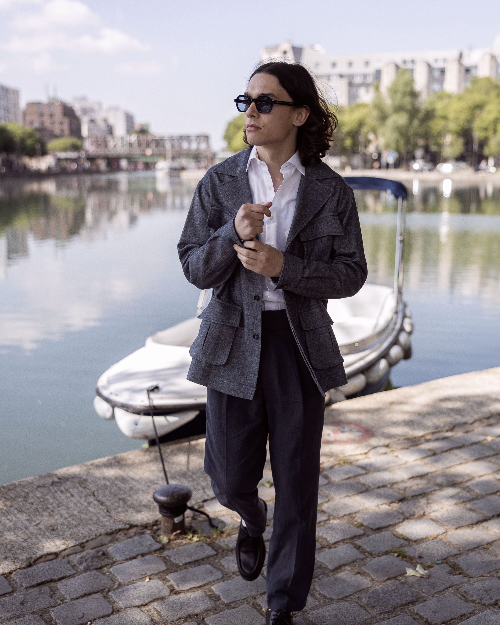 Veste saharienne en twill denim gris clair