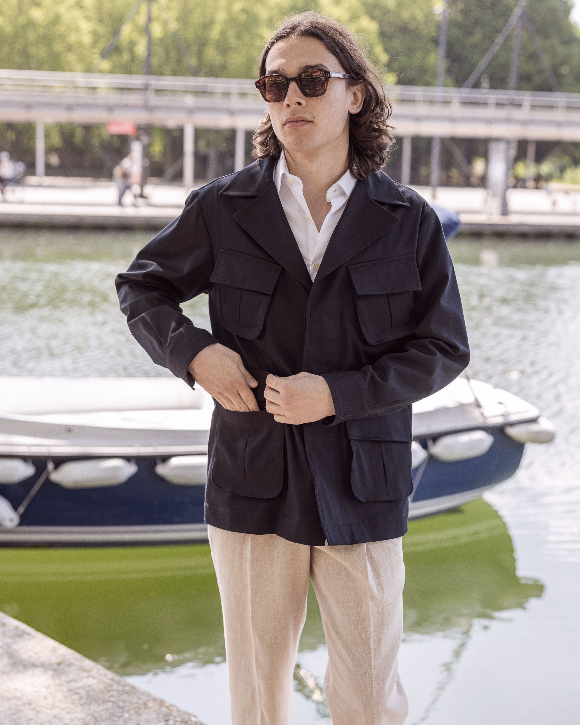 Veste saharienne en twill de coton bleu marine
