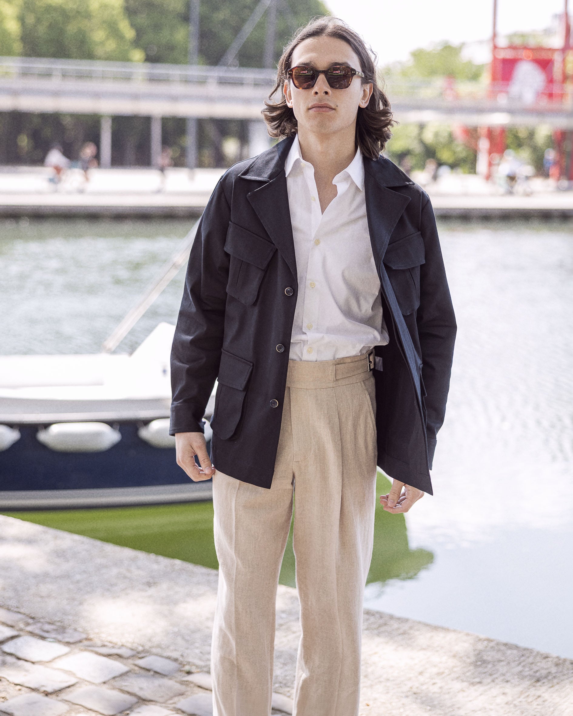 Veste saharienne en twill de coton bleu marine