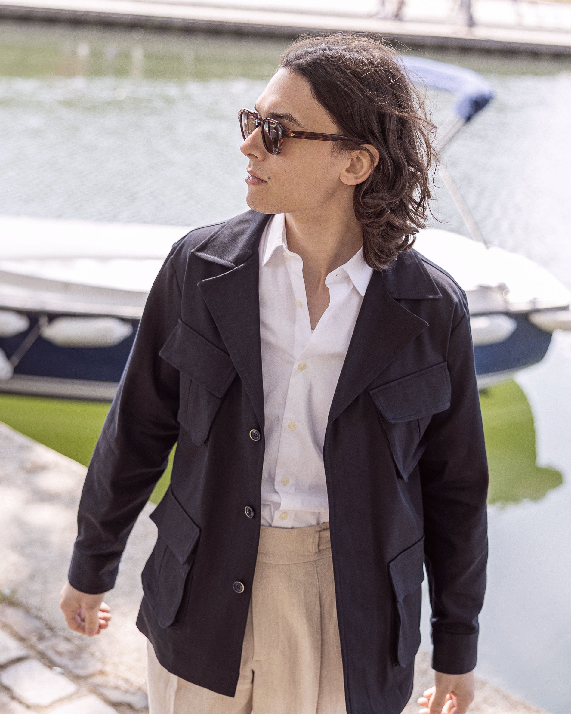 Veste saharienne en twill de coton bleu marine
